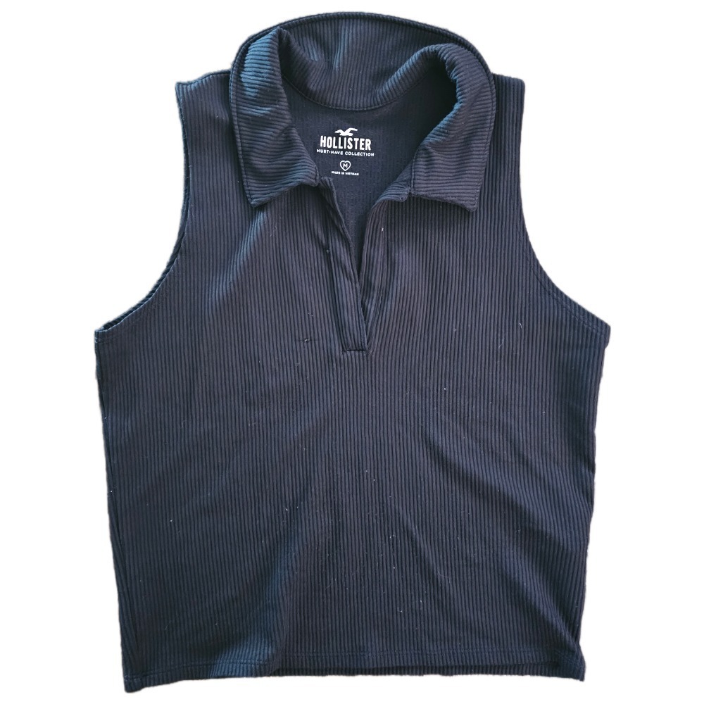 Hollister Ribbed Polo Tank Top Sleeveless Cropped Collared Casual Black Size M